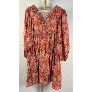 Entro Women's M Floral Boho Peasant Dress Orange Multicolor Balloon Sleeve Lined
